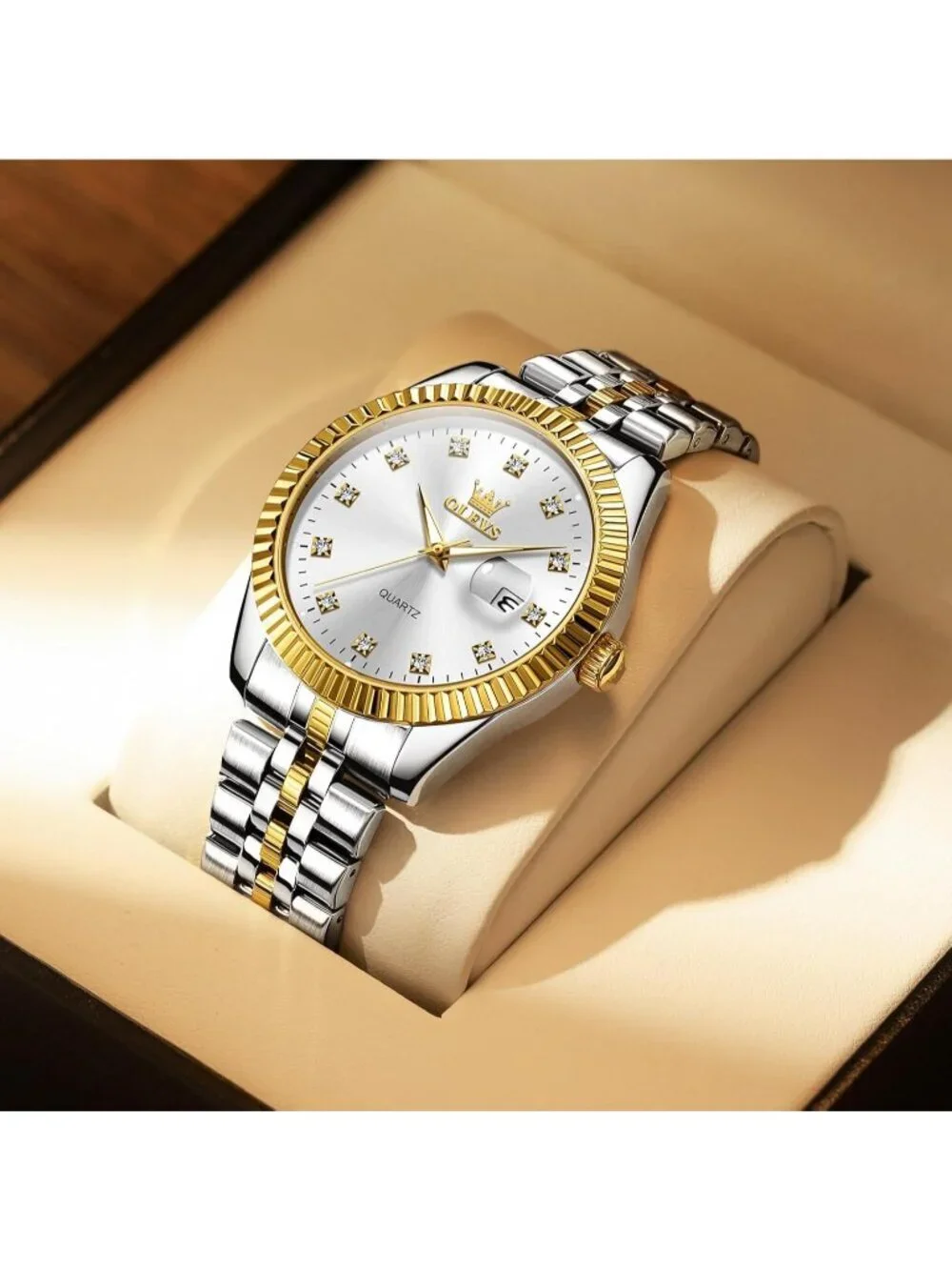 Olevs Mens Silver Gold Luxury White Dimond Dot Face Analog Quartz Luminous Watch